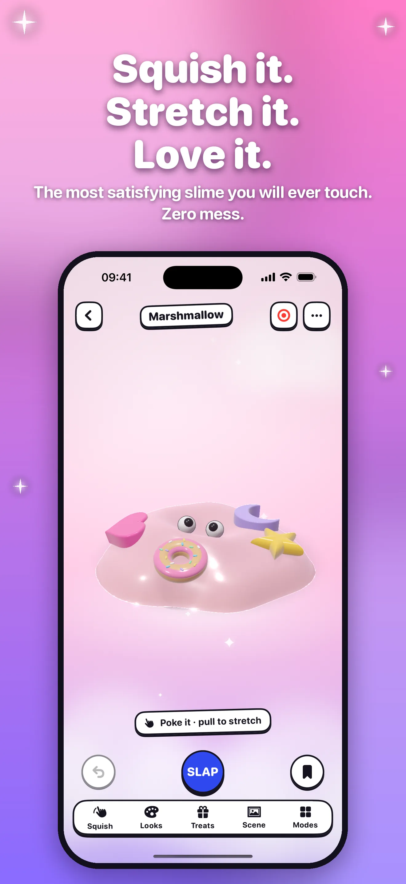 A pink marshmallow slime with googly eyes, a donut, a heart, a moon and a star pressed in